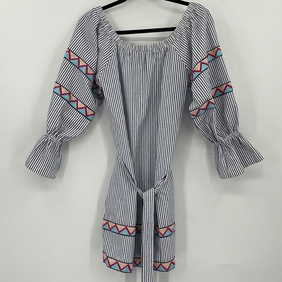 SUBOO SEERSUCKER EMBROIDERED BELTED DRESS - Picture 1 of 8